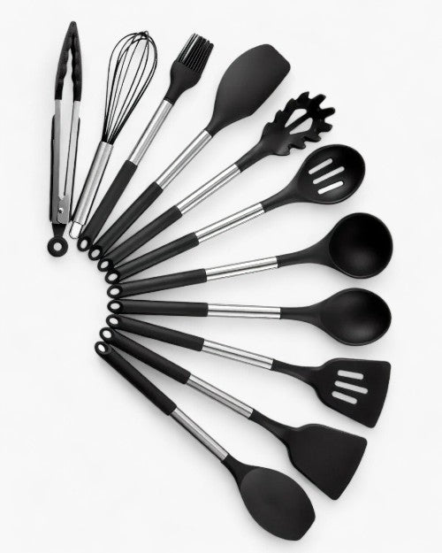 Silicone Kitchen Utensil Set – Beige, Nordic Design with 11 Pieces for Cooking and Serving