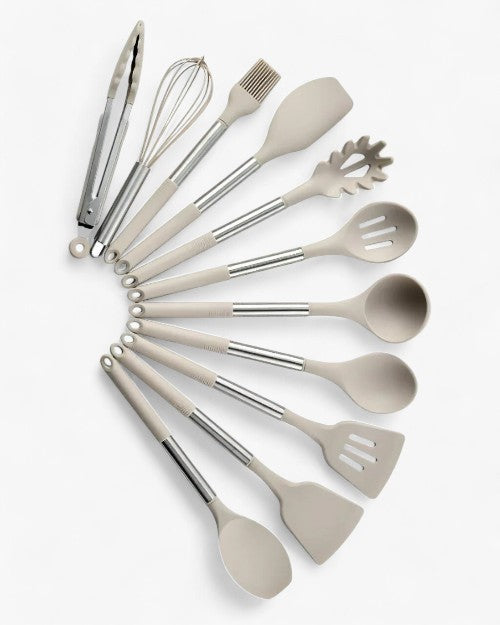 Silicone Kitchen Utensil Set – Beige, Nordic Design with 11 Pieces for Cooking and Serving