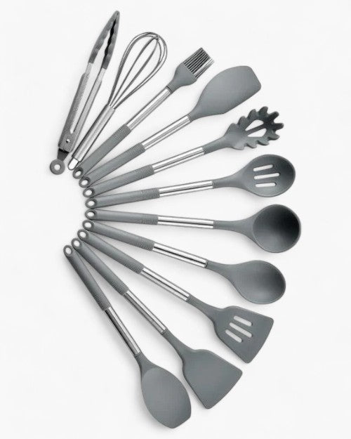 Silicone Kitchen Utensil Set – Beige, Nordic Design with 11 Pieces for Cooking and Serving