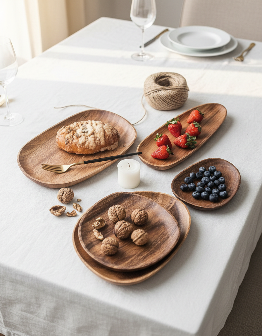 Wooden Serving Board Set – Natural Acacia, Rustic Style for Kitchen or Dining Table