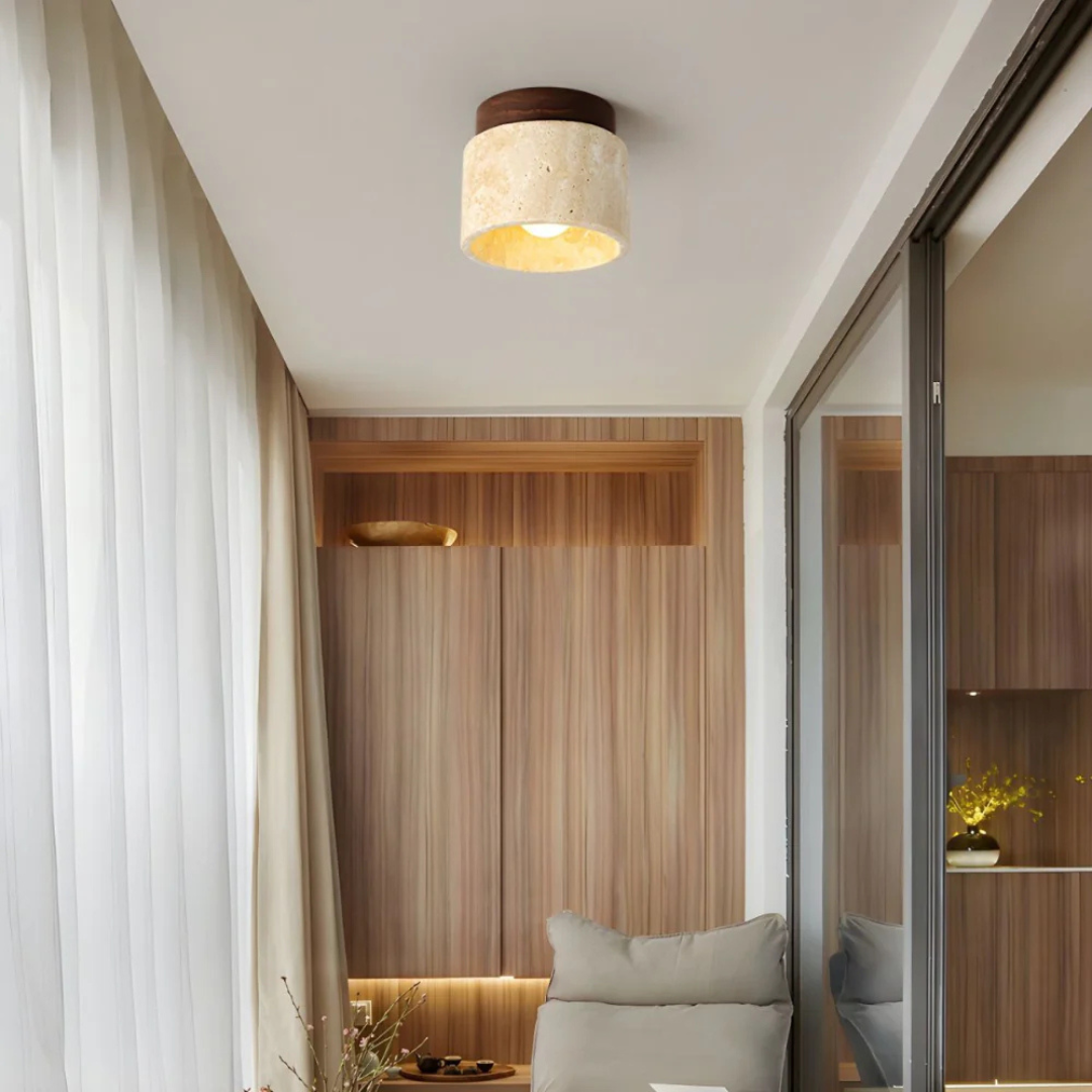 Cylindrical Ceiling Lamp – Travertine with Wooden Accent, Warm White Light for Living Room or Bedroom