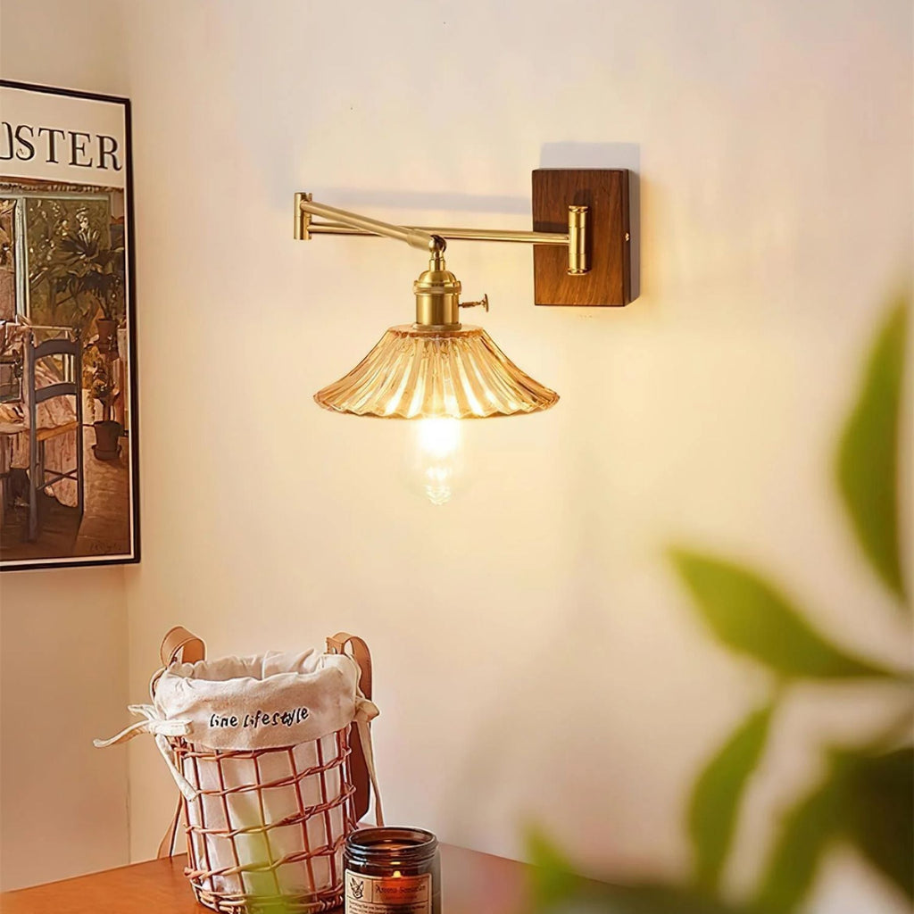Crescent Wall Lamp – Gold and Walnut, Modern Design for Living Room or Bedroom Decoration