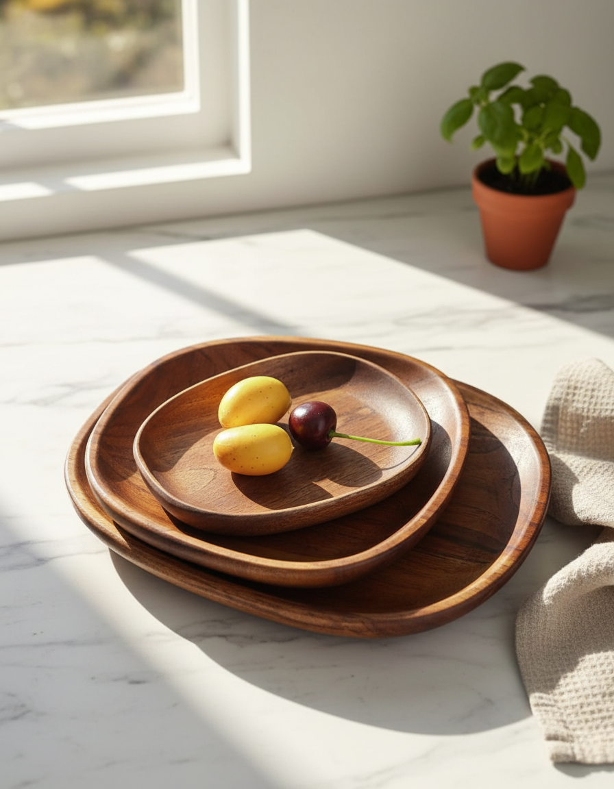 Wooden Serving Board Set – Natural Acacia, Rustic Style for Kitchen or Dining Table