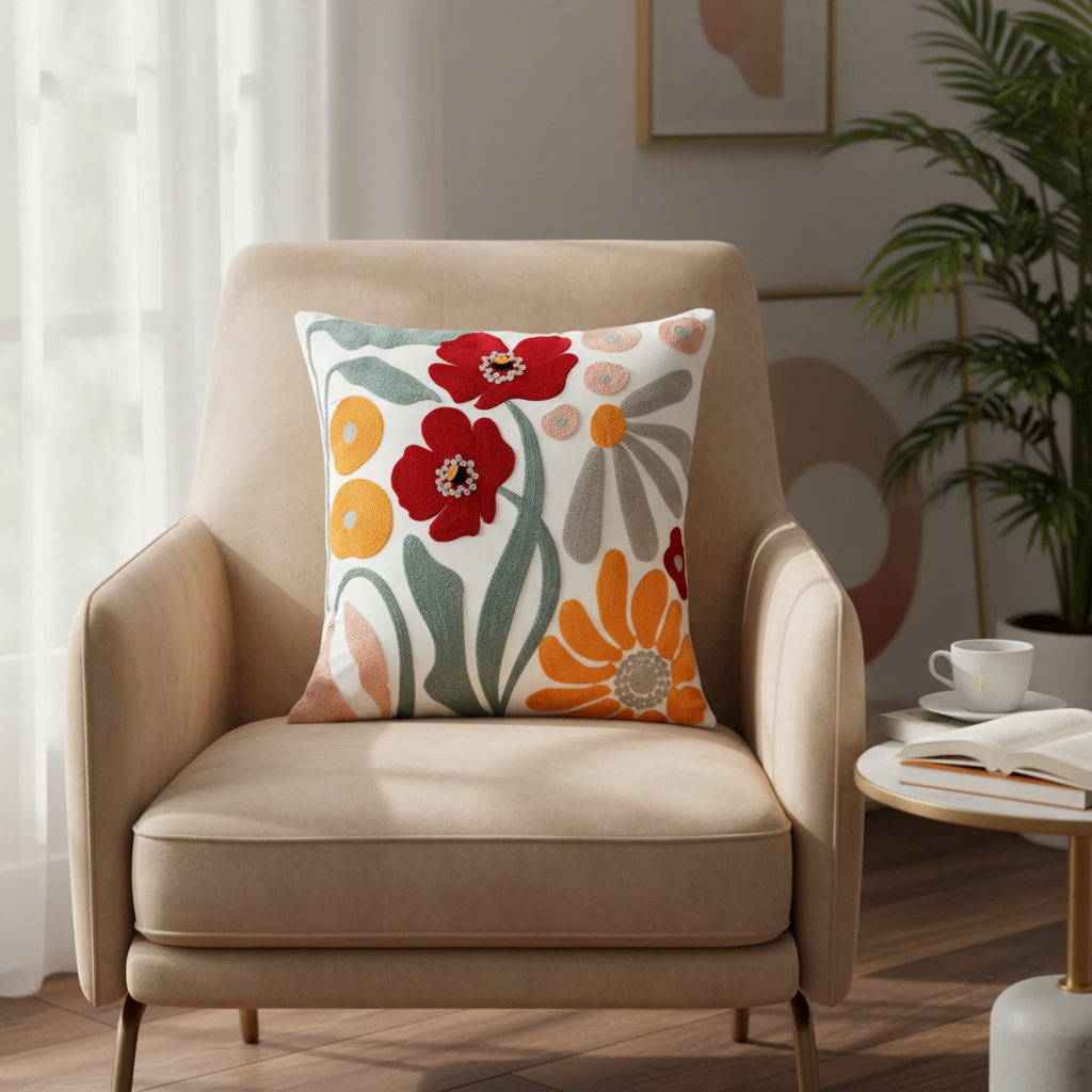 Decorative Cushion – Cotton and Polyester, Floral Print for Sofa or Armchair