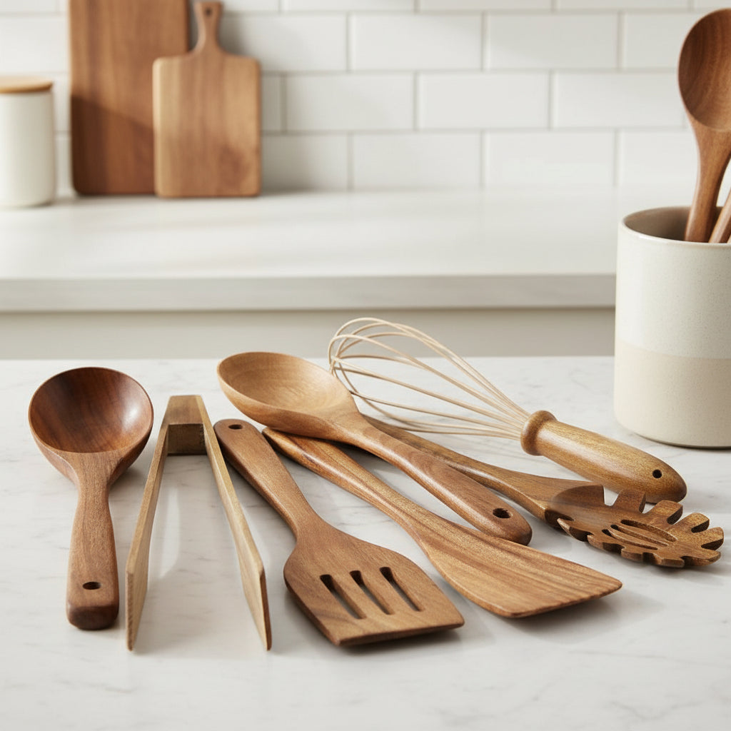 Wooden Kitchen Utensil Set – 7-Piece, Natural Wood Tones for Cooking and Baking