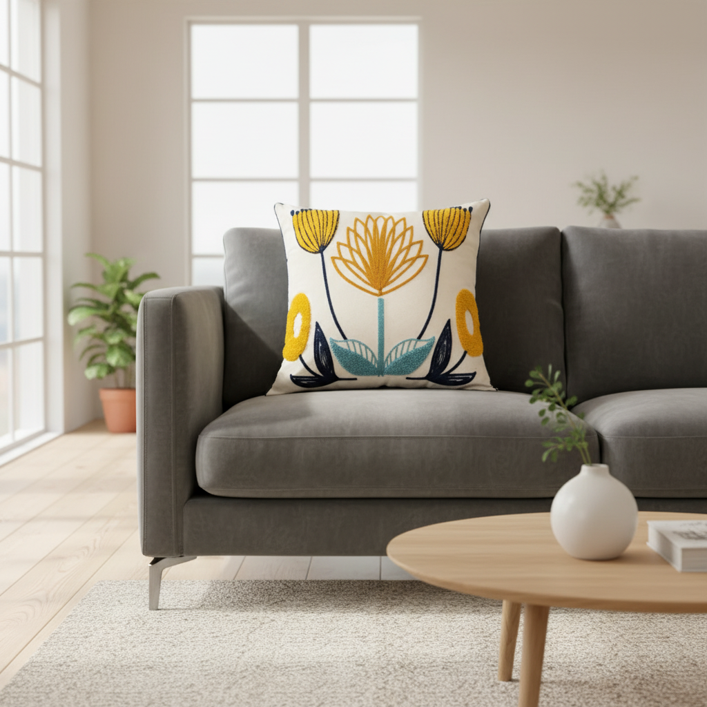 Decorative Cushion – Cotton and Polyester, Floral Print for Sofa or Armchair