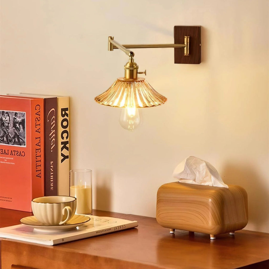 Crescent Wall Lamp – Gold and Walnut, Modern Design for Living Room or Bedroom Decoration