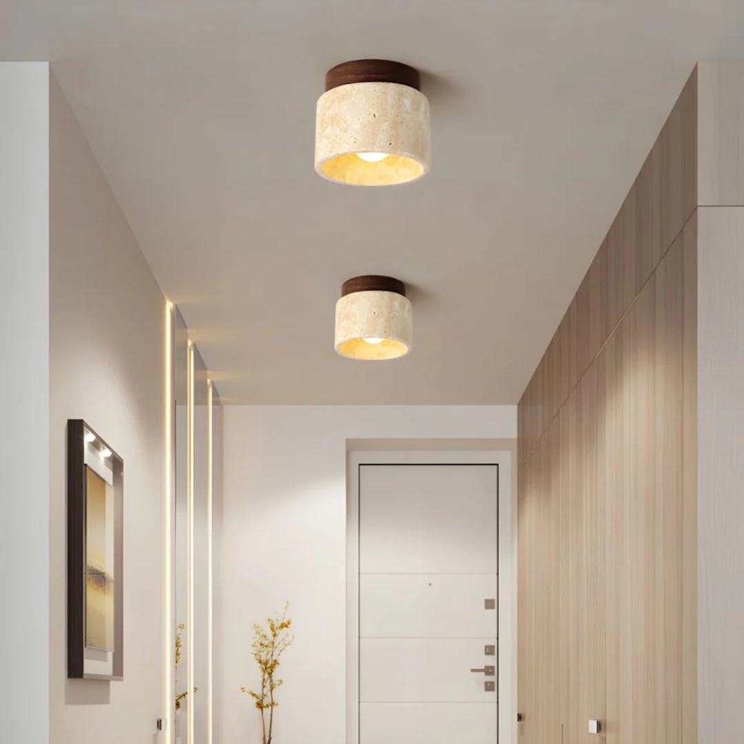 Cylindrical Ceiling Lamp – Travertine with Wooden Accent, Warm White Light for Living Room or Bedroom