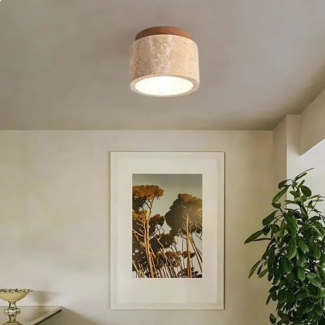 Cylindrical Ceiling Lamp – Travertine with Wooden Accent, Warm White Light for Living Room or Bedroom