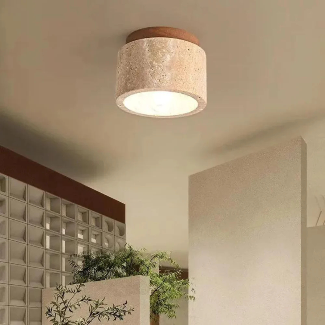 Cylindrical Ceiling Lamp – Travertine with Wooden Accent, Warm White Light for Living Room or Bedroom