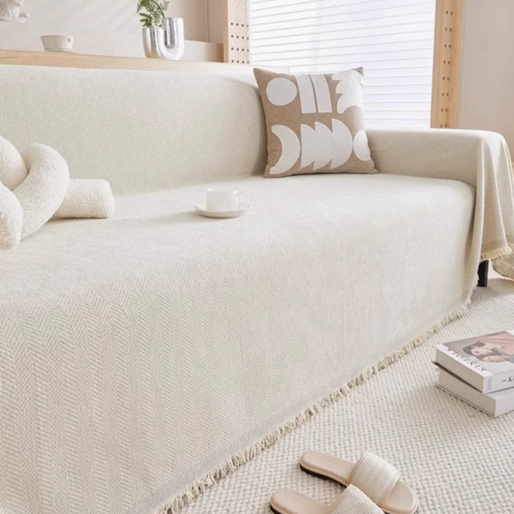 Chenille Sofa Cover – Grey with Fringes for Living Room or Lounge Decoration