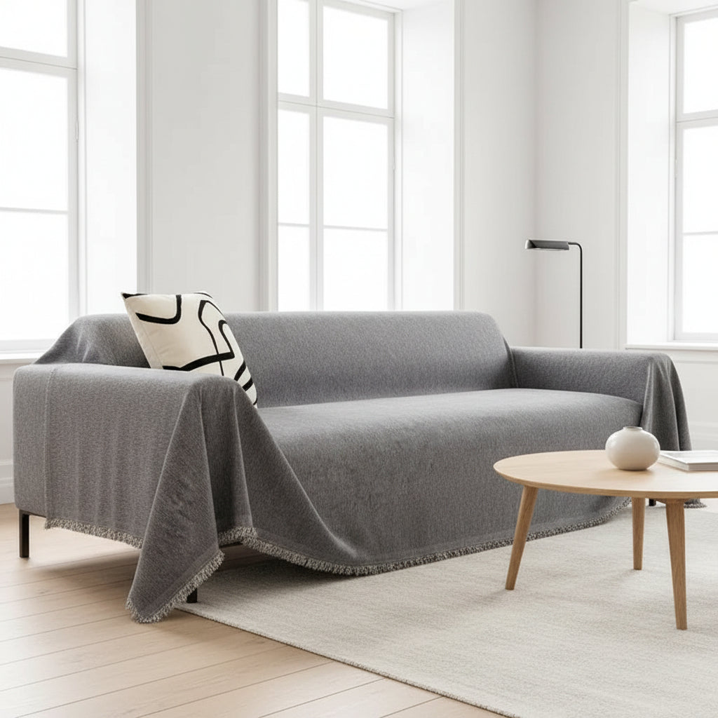 Chenille Sofa Cover – Grey with Fringes for Living Room or Lounge Decoration