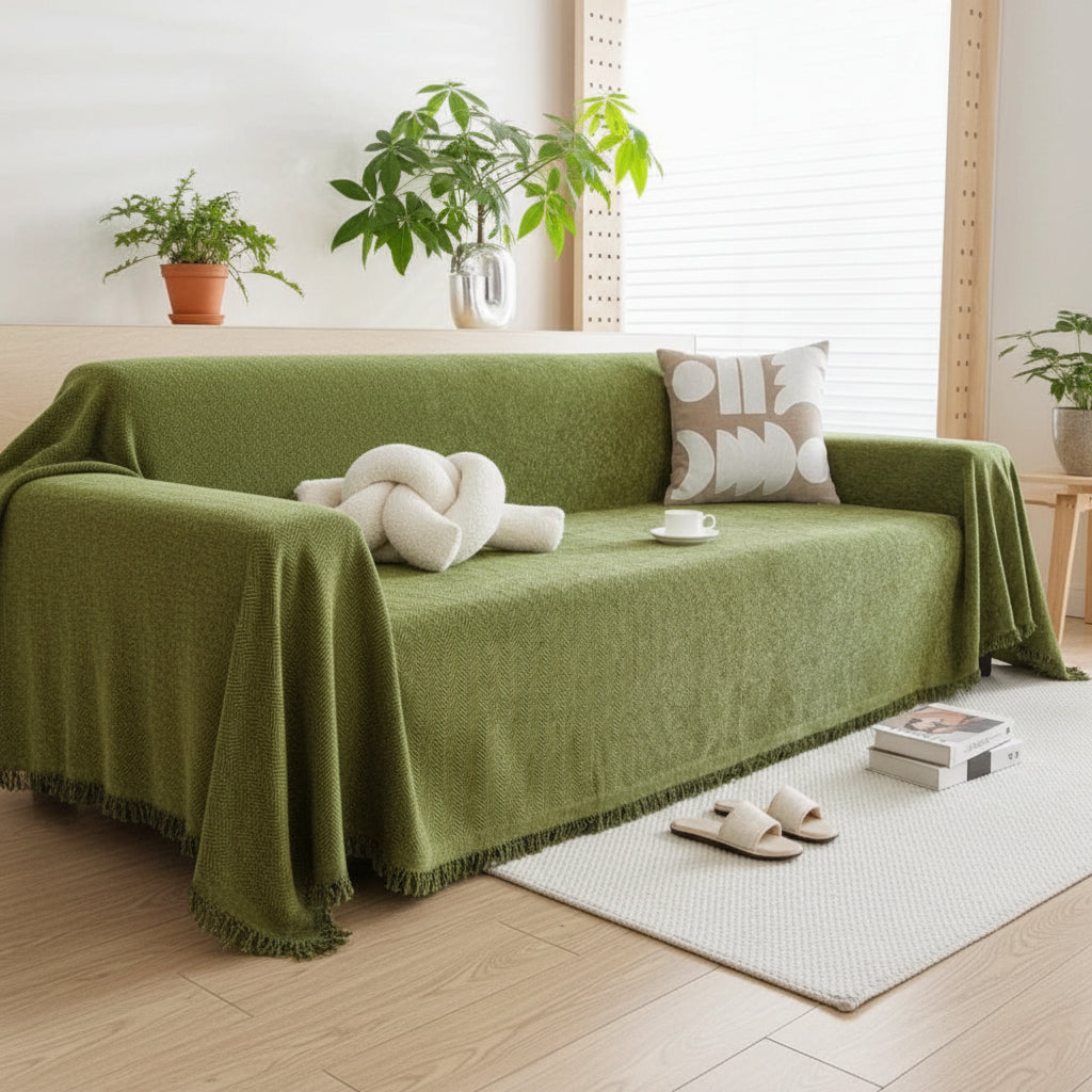 Chenille Sofa Cover – Grey with Fringes for Living Room or Lounge Decoration