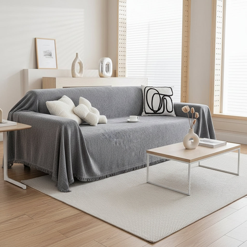 Chenille Sofa Cover – Grey with Fringes for Living Room or Lounge Decoration