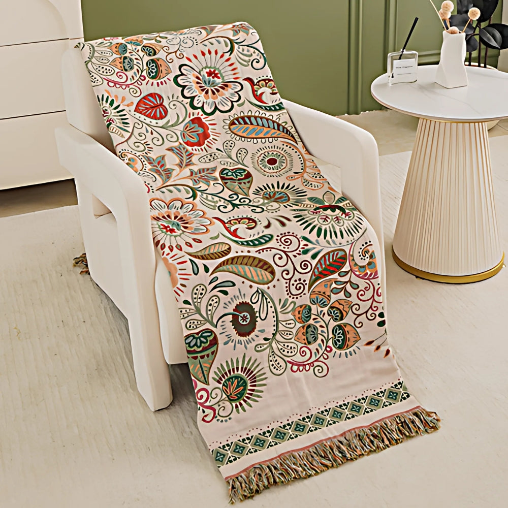 Cotton Reversible Blanket with Fringes – Soft Cozy Throw for Sofa & Bed