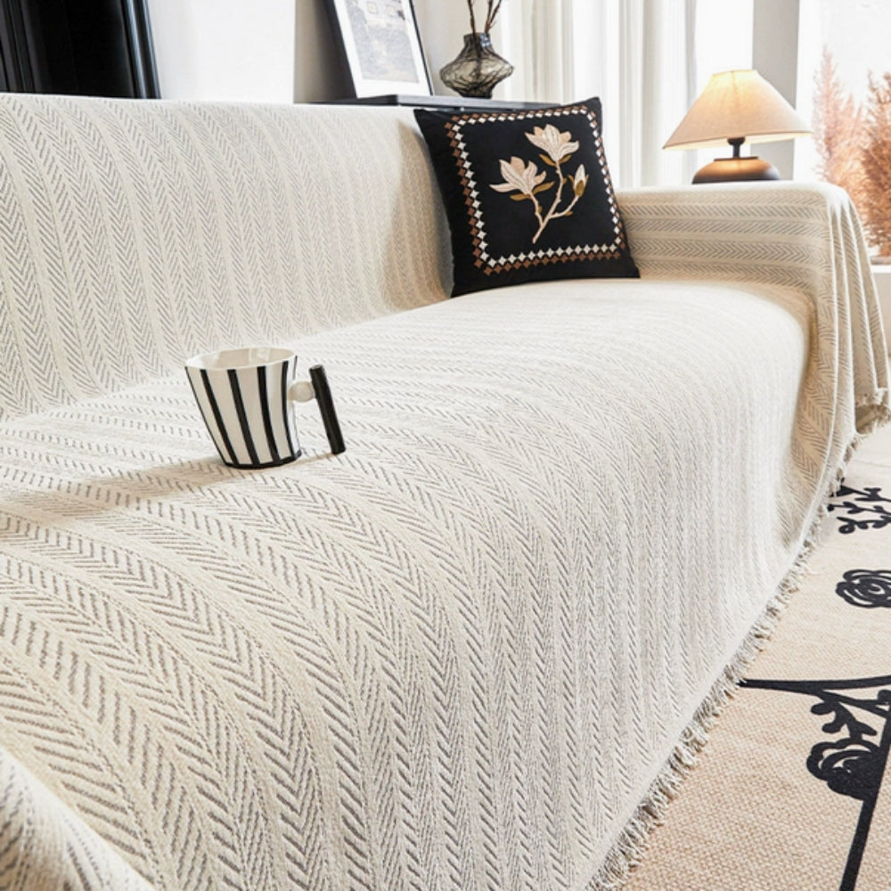 Chenille Sofa Cover – Herringbone Pattern with Fringe for Living Room or Bedroom