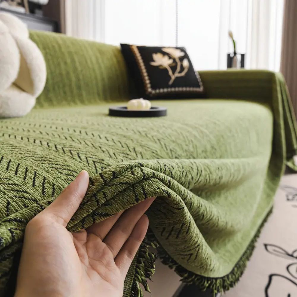 Chenille Sofa Cover – Herringbone Pattern with Fringe for Living Room or Bedroom