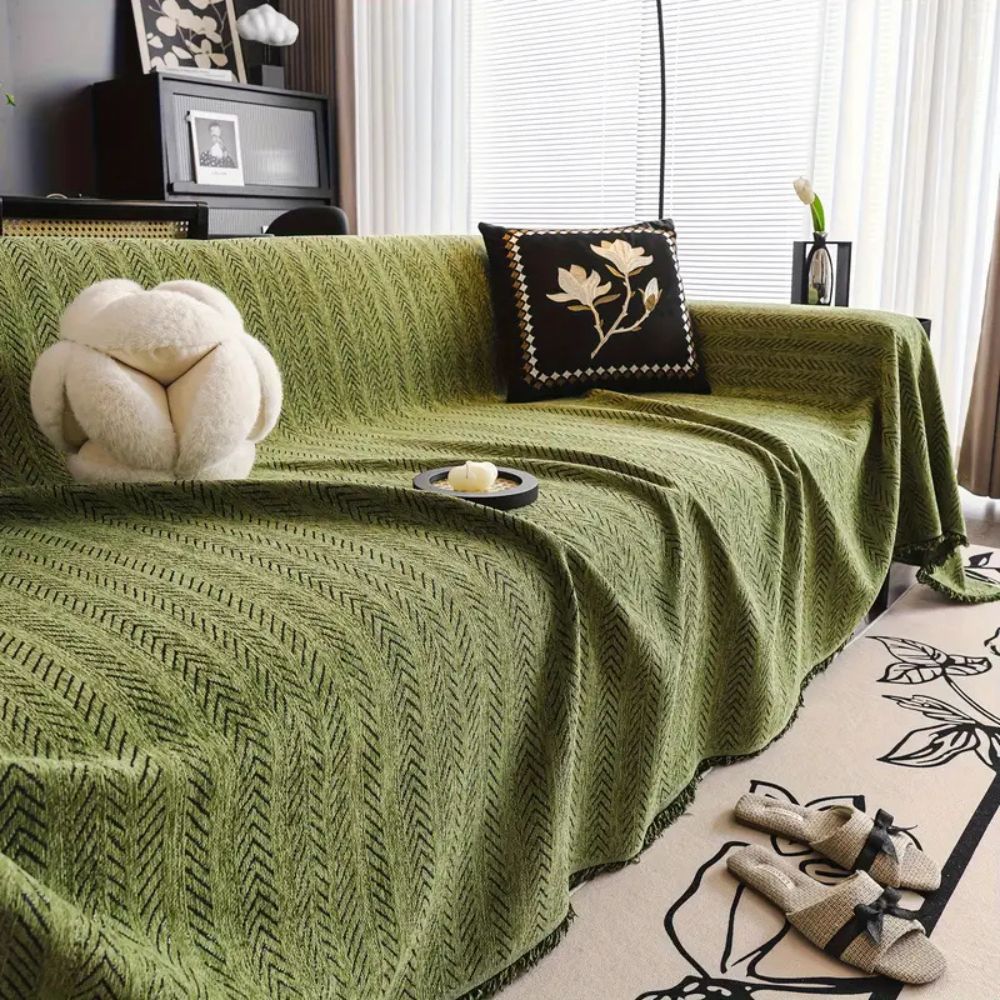 Chenille Sofa Cover – Herringbone Pattern with Fringe for Living Room or Bedroom