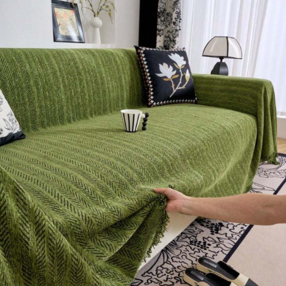 Chenille Sofa Cover – Herringbone Pattern with Fringe for Living Room or Bedroom
