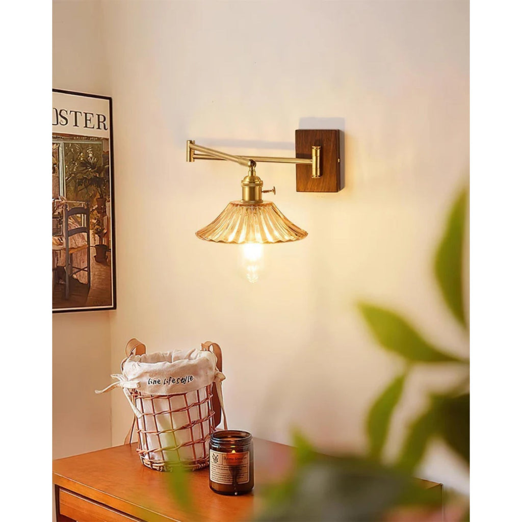 Crescent Wall Lamp – Gold and Walnut, Modern Design for Living Room or Bedroom Decoration