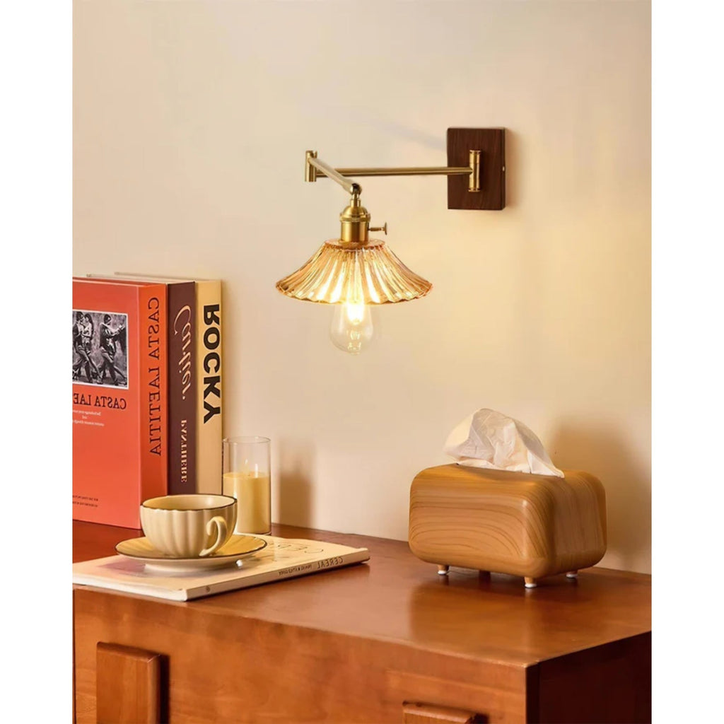 Crescent Wall Lamp – Gold and Walnut, Modern Design for Living Room or Bedroom Decoration