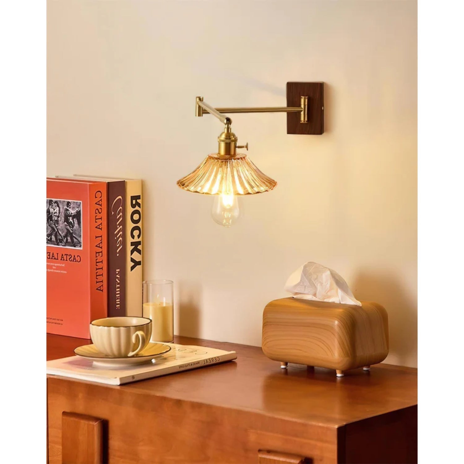 Crescent Wall Lamp – Gold and Walnut, Modern Design for Living Room or Bedroom Decoration