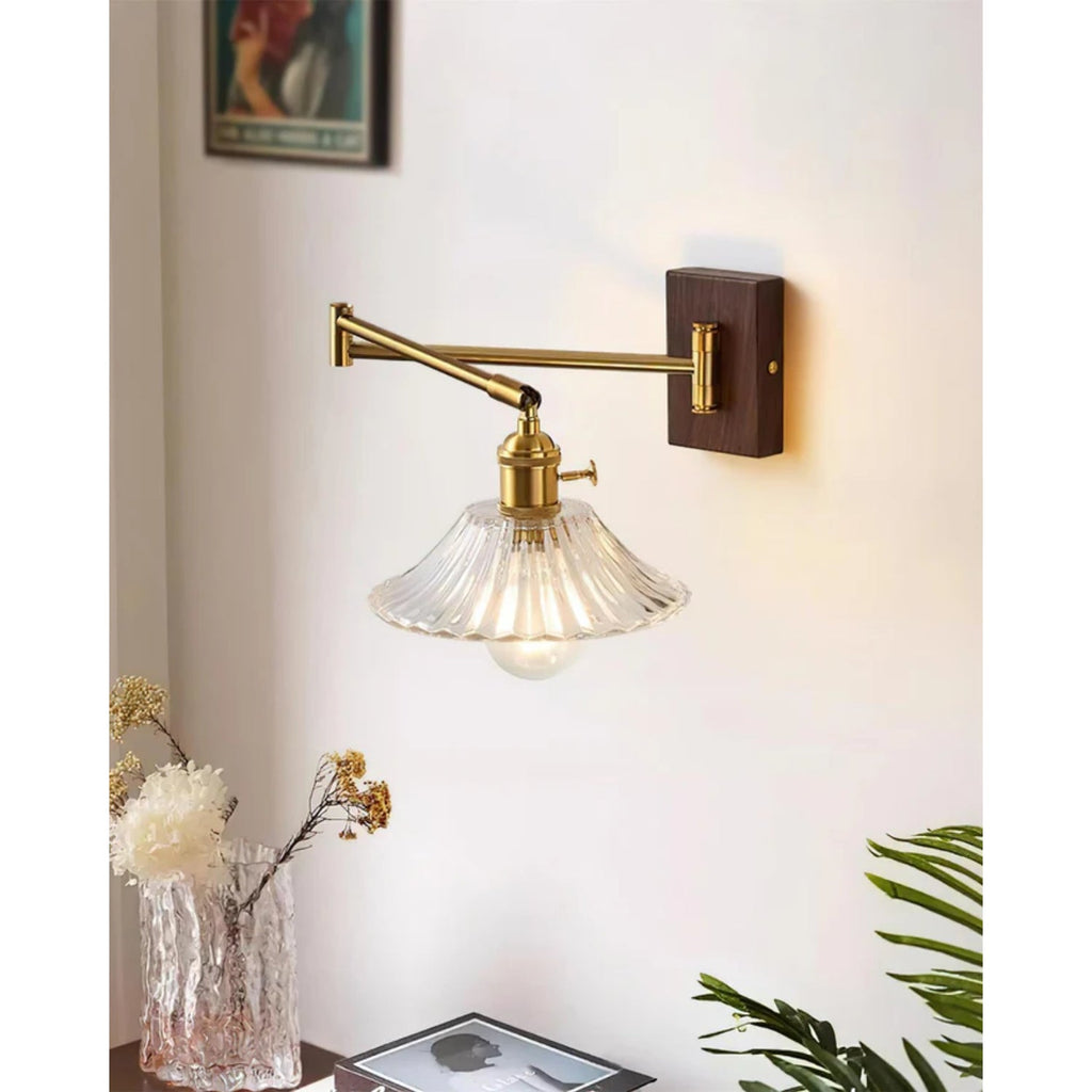 Crescent Wall Lamp – Gold and Walnut, Modern Design for Living Room or Bedroom Decoration