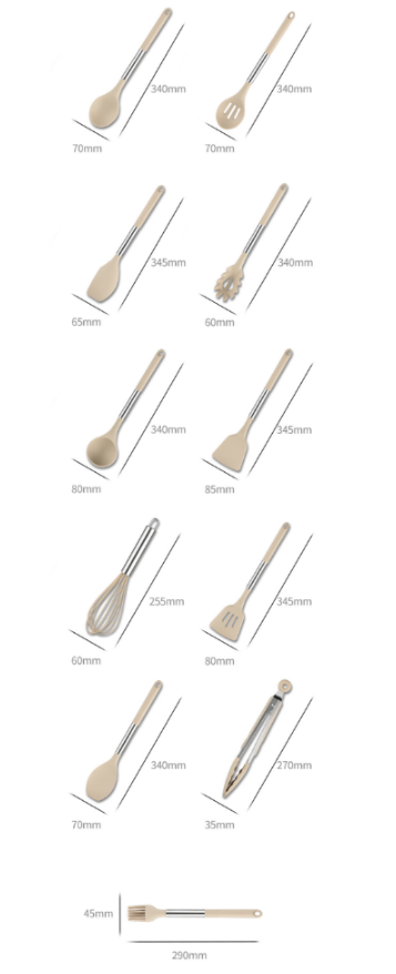 Silicone Kitchen Utensil Set – Beige, Nordic Design with 11 Pieces for Cooking and Serving