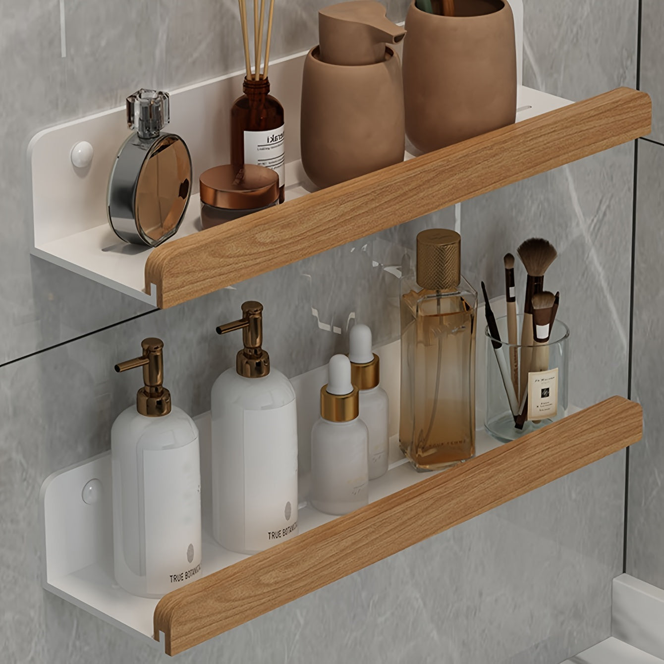 Bathroom Wall Shelf – Black Wrought Iron, Modern Floating Design No Drilling Required for Shampoo and Cosmetics