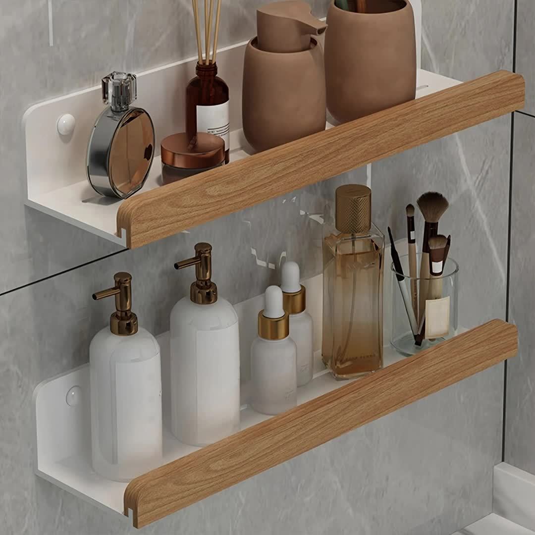 Bathroom Wall Shelf – Black Wrought Iron, Modern Floating Design No Drilling Required for Shampoo and Cosmetics