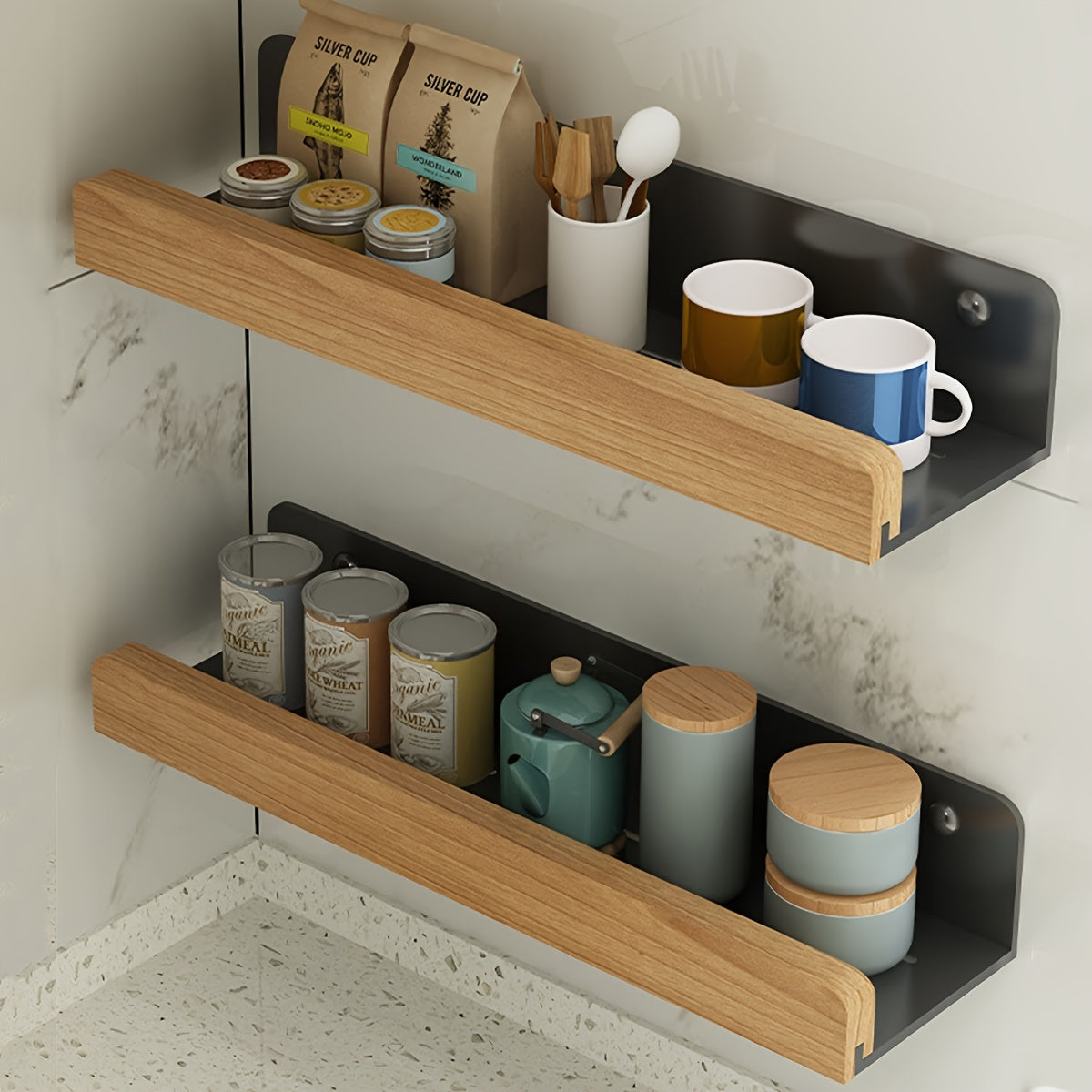 Bathroom Wall Shelf – Black Wrought Iron, Modern Floating Design No Drilling Required for Shampoo and Cosmetics