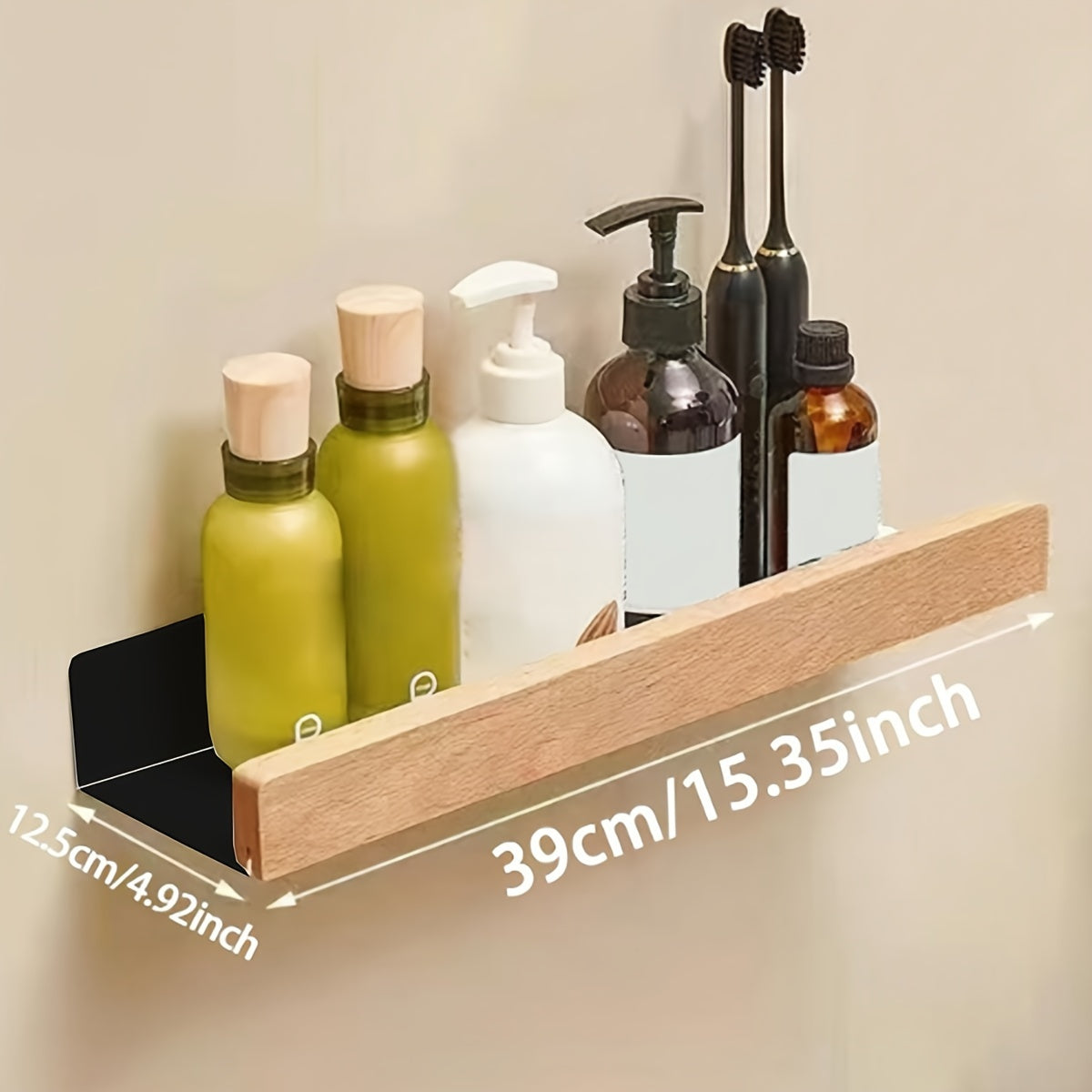 Bathroom Wall Shelf – Black Wrought Iron, Modern Floating Design No Drilling Required for Shampoo and Cosmetics