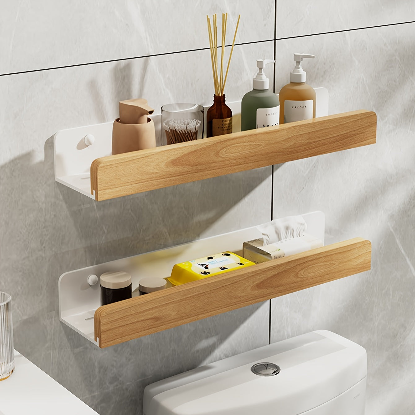 Bathroom Wall Shelf – Black Wrought Iron, Modern Floating Design No Drilling Required for Shampoo and Cosmetics