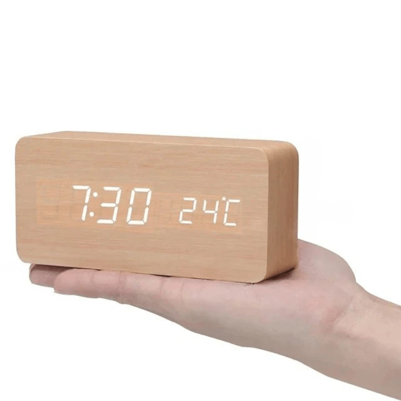 Wooden Desk Clock – Minimalist Design with LED Display and Sound Activation for Living Room or Office