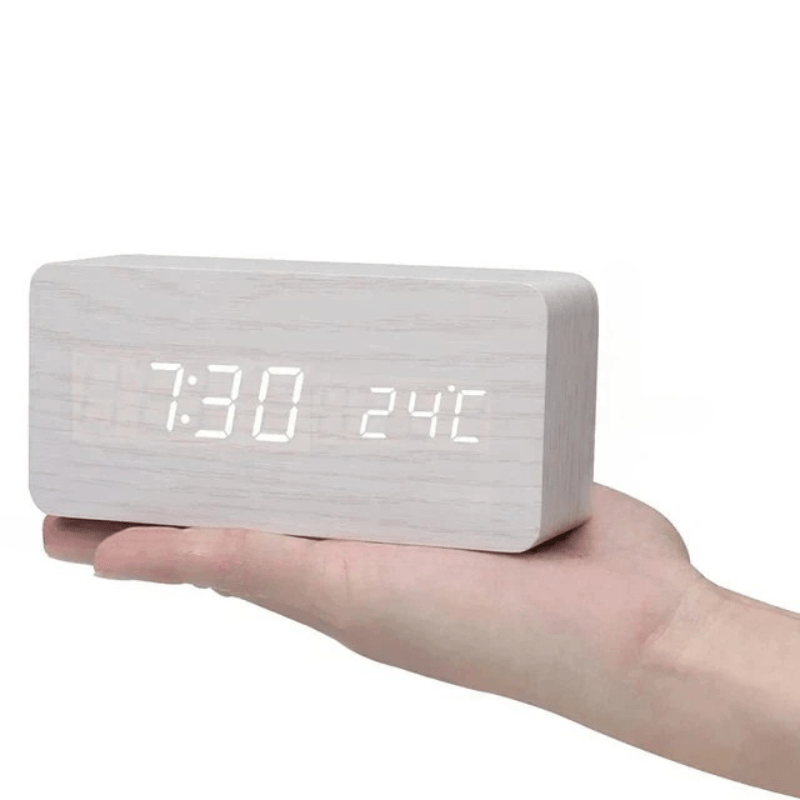 Wooden Desk Clock – Minimalist Design with LED Display and Sound Activation for Living Room or Office