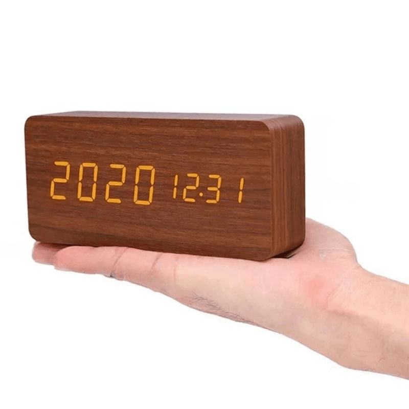 Wooden Desk Clock – Minimalist Design with LED Display and Sound Activation for Living Room or Office