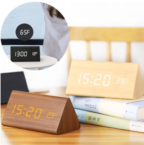 Wooden Desk Clock – Minimalist Design with LED Display and Sound Activation for Living Room or Office