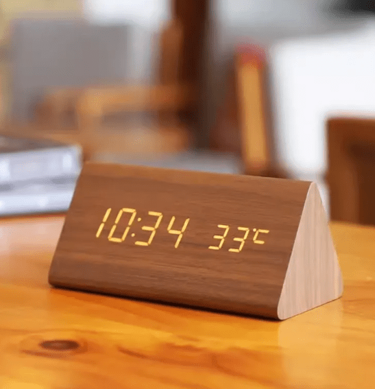 Wooden Desk Clock – Minimalist Design with LED Display and Sound Activation for Living Room or Office