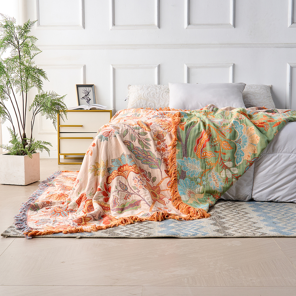 Bohemian Cotton Throw – Cream with Orange and Blue Floral Print for Living Room or Bedroom