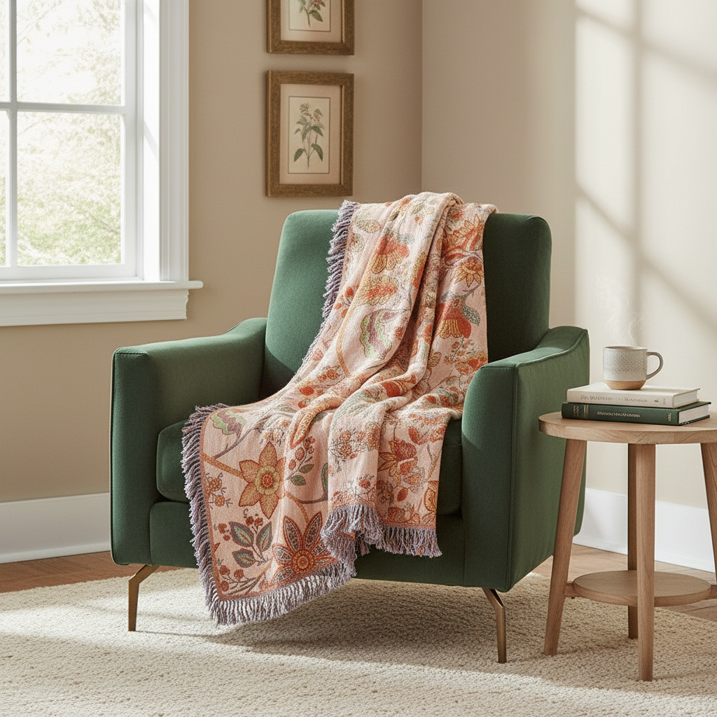 Bohemian Cotton Throw – Cream with Orange and Blue Floral Print for Living Room or Bedroom