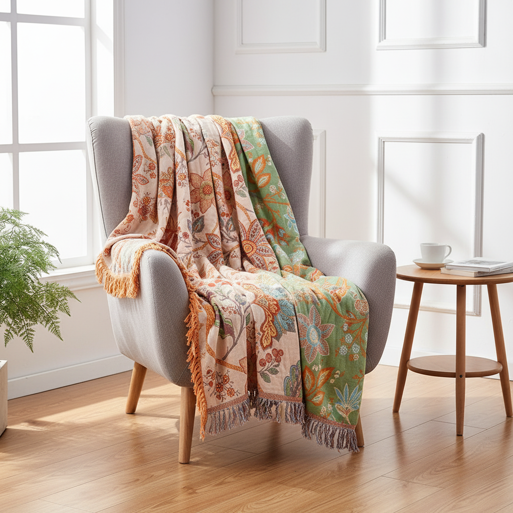 Bohemian Cotton Throw – Cream with Orange and Blue Floral Print for Living Room or Bedroom