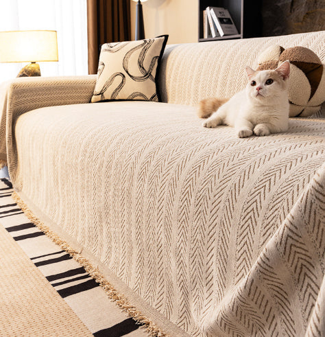Chenille Sofa Cover – Herringbone Pattern with Fringe for Living Room or Bedroom