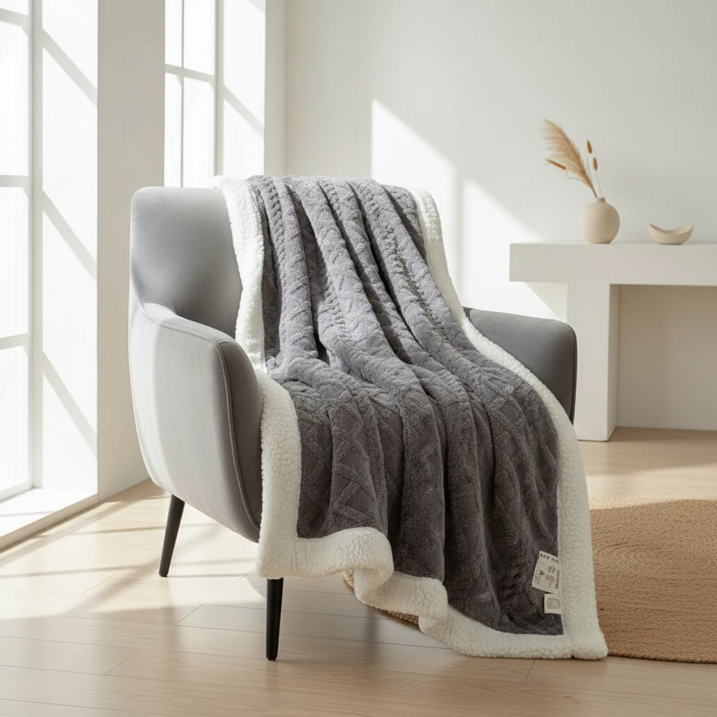 Sherpa Plaid – Soft Beige, Removable Throw Blanket for Sofa or Bed Decoration