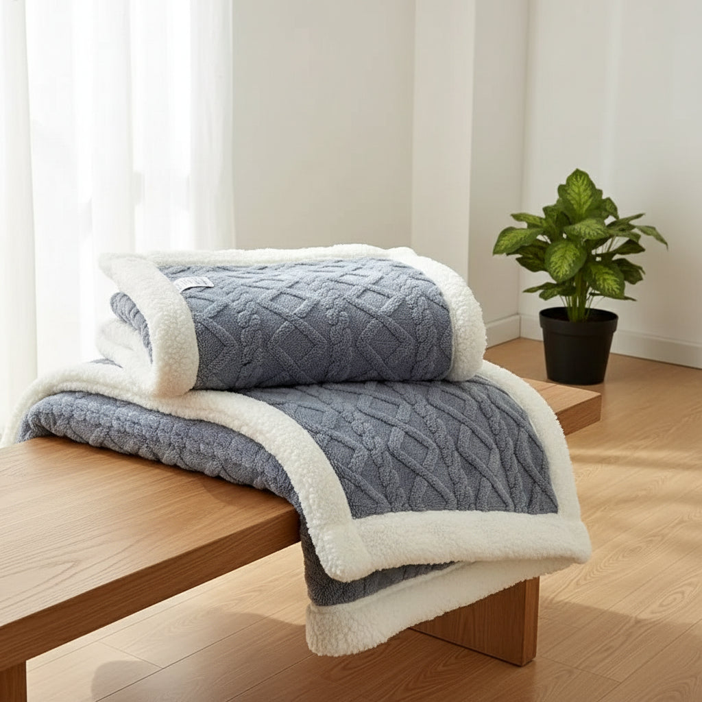 Sherpa Plaid – Soft Beige, Removable Throw Blanket for Sofa or Bed Decoration