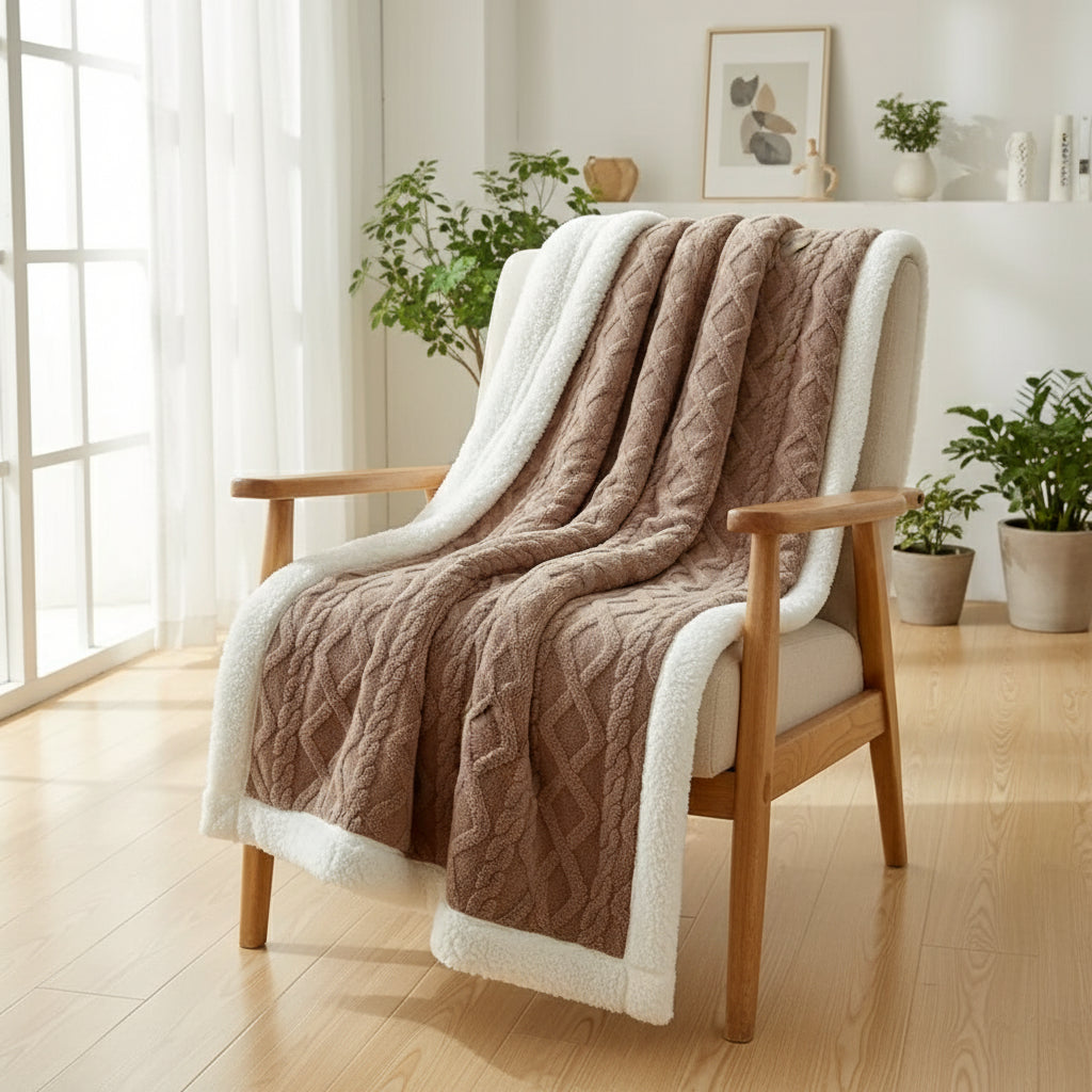 Sherpa Plaid – Soft Beige, Removable Throw Blanket for Sofa or Bed Decoration