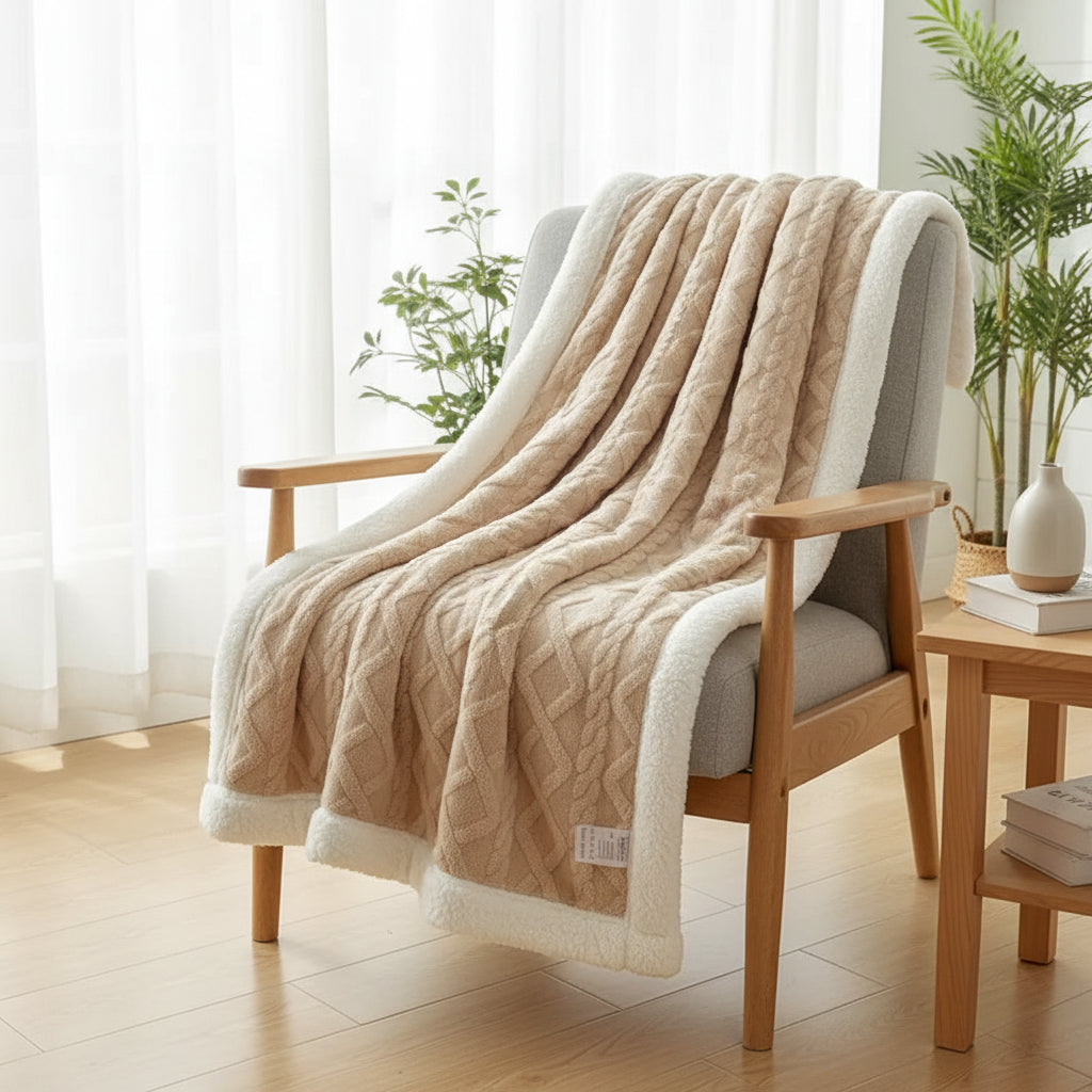 Sherpa Plaid – Soft Beige, Removable Throw Blanket for Sofa or Bed Decoration
