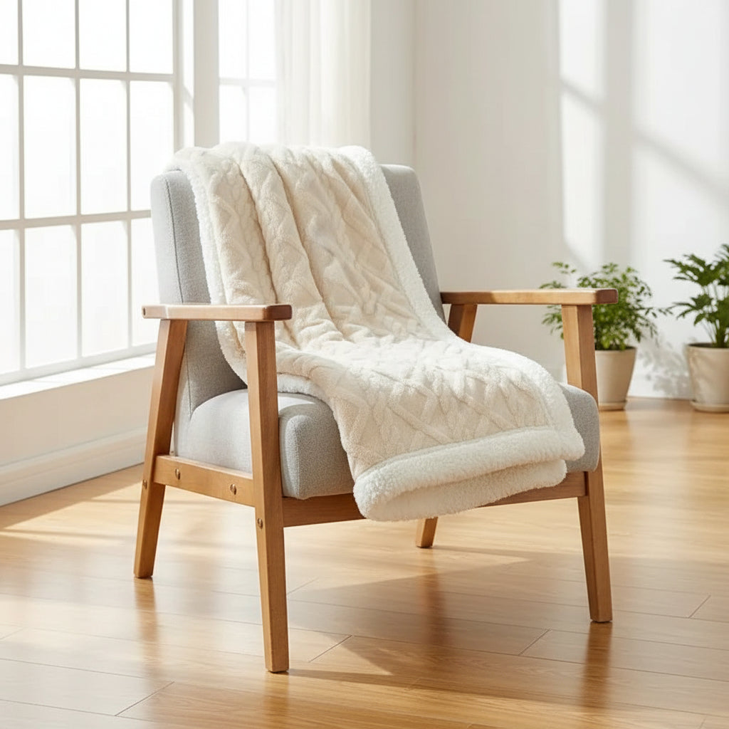 Sherpa Plaid – Soft Beige, Removable Throw Blanket for Sofa or Bed Decoration