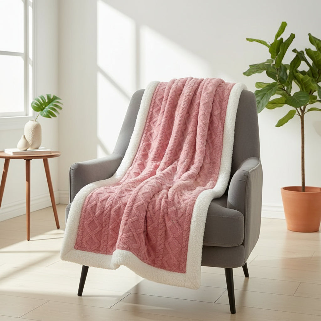 Sherpa Plaid – Soft Beige, Removable Throw Blanket for Sofa or Bed Decoration