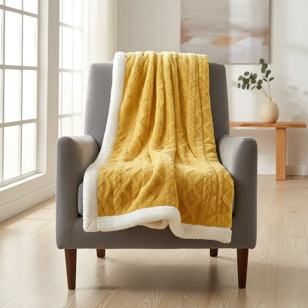 Sherpa Plaid – Soft Beige, Removable Throw Blanket for Sofa or Bed Decoration