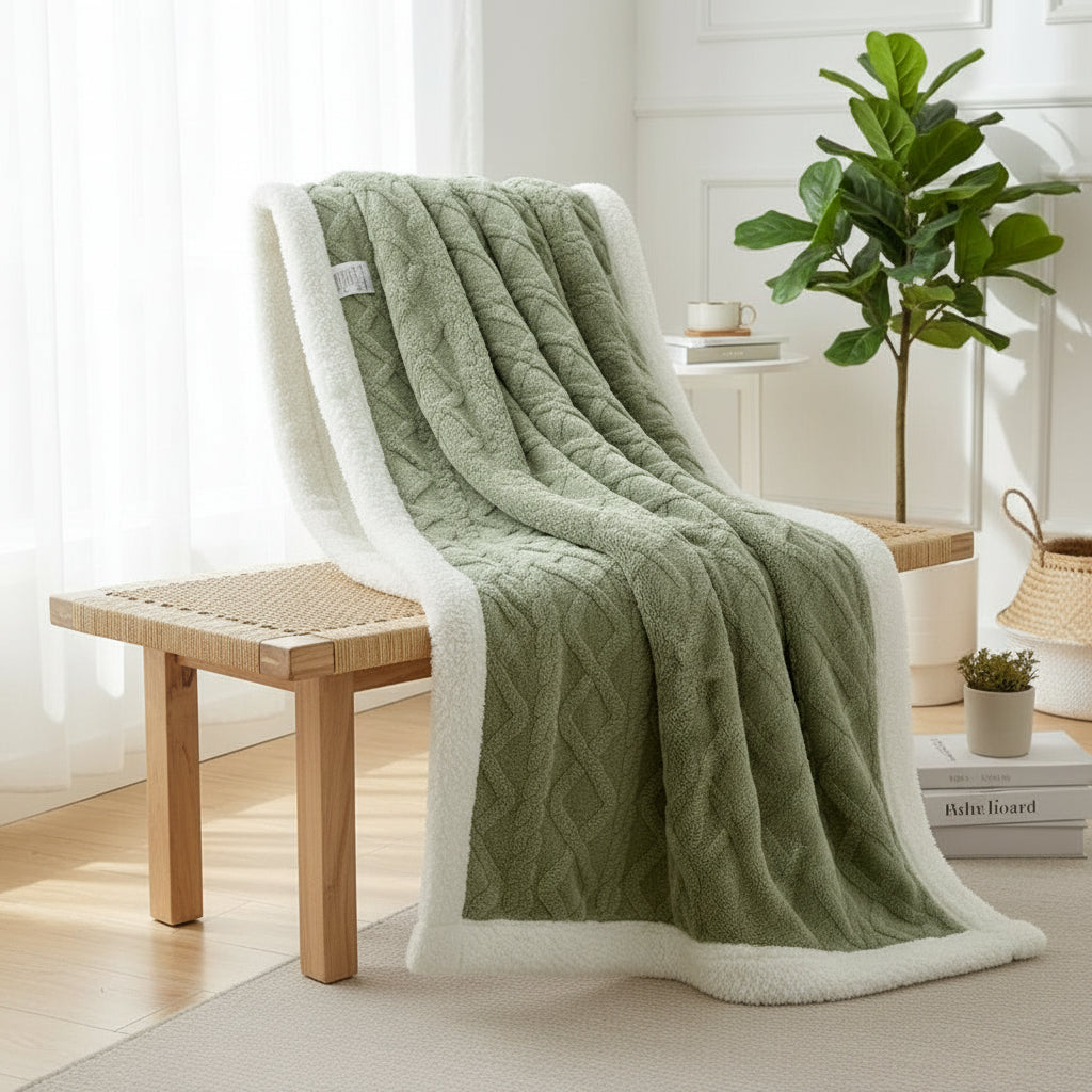 Sherpa Plaid – Soft Beige, Removable Throw Blanket for Sofa or Bed Decoration